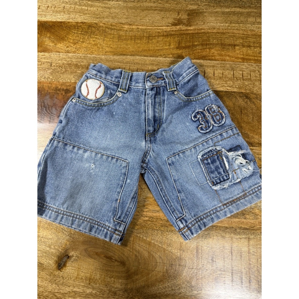 Vintage Timber Denim Shorts Kids Size 5 Y2K Carpenter Baseball Patch Distressed